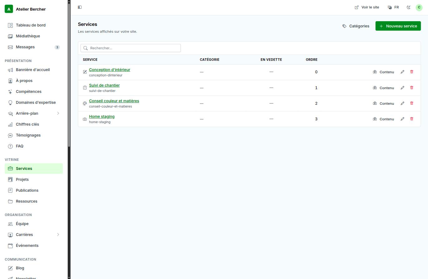 Die Leistungsliste: Suche, dann Spalten für Kategorie, Hervorhebung und Reihenfolge, mit den Aktionen Bearbeiten und Löschen.